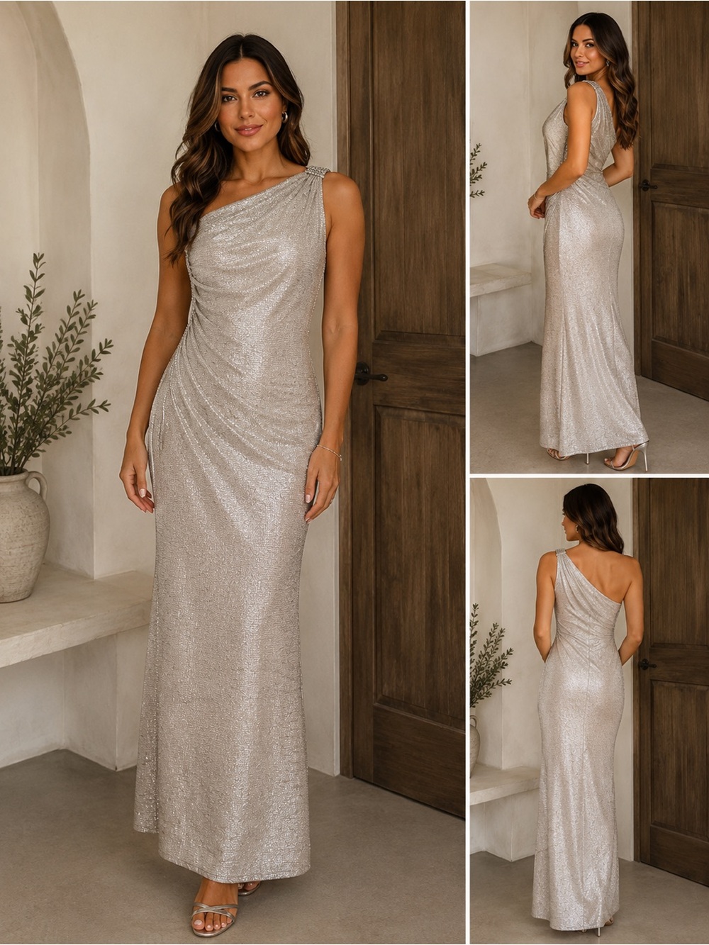 Cache One-Shoulder Silver Sequin Evening Gown